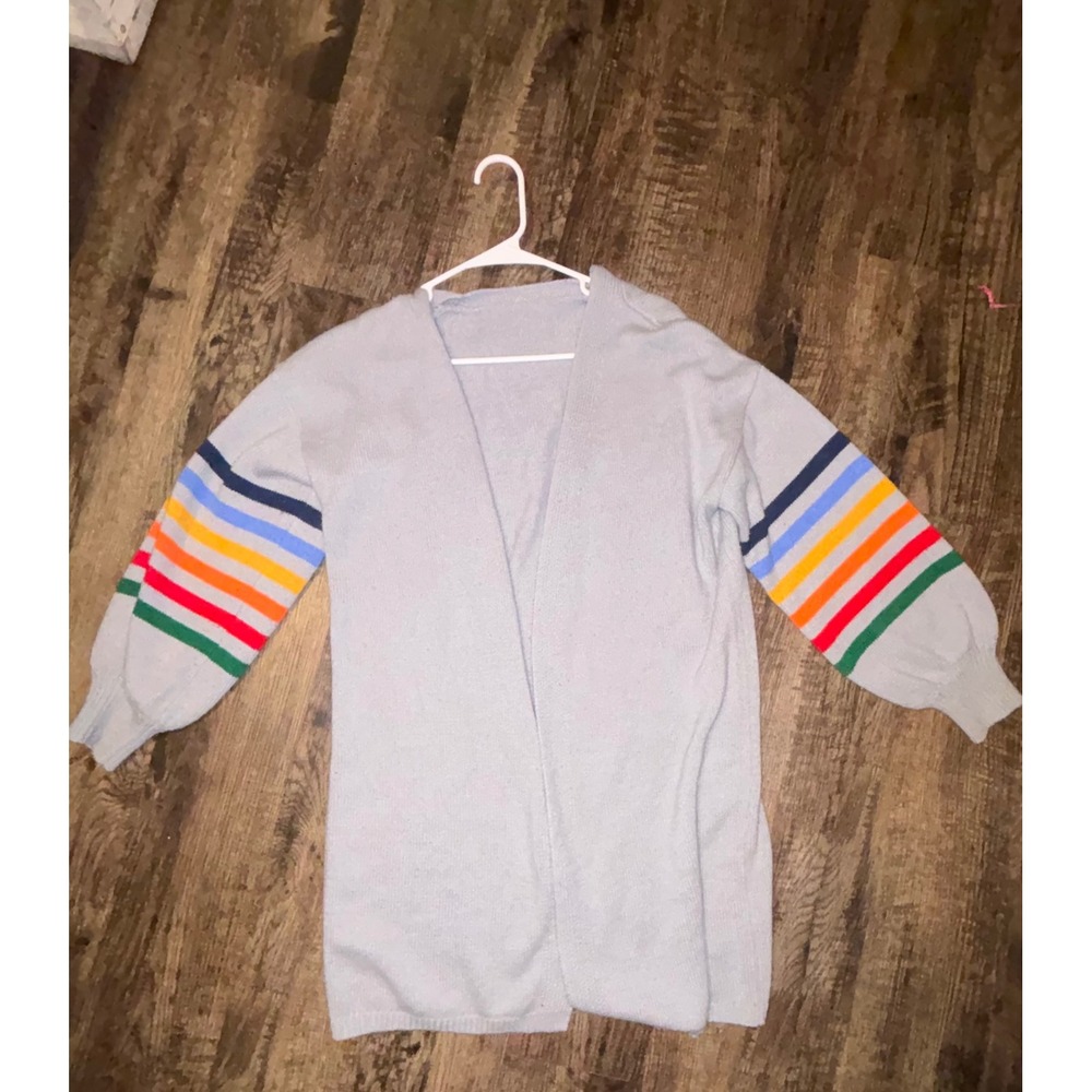 Women Light Gray Open Front Longline Cardigan Rainbow Stripe Sleeve Knit Sweater
